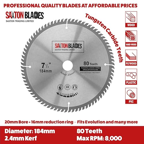 TCT18480T20B - Lama per sega circolare TCT, 184 mm x 80 denti x 20 mm foro (anello da 16 mm), compatibile con Evolution, Bosch, Makita, ecc - Honorern