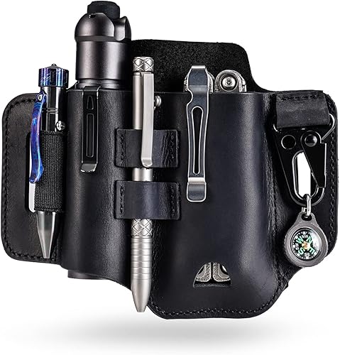 PJ35 Fodero multiutensile in pelle EDC con 3 tasche, fondina per attrezzi, coltello, fodero per cintura, guaina per torcia elettrica per multiutensili fodero per coltello - Honorern