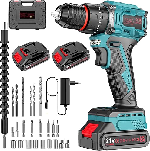 Brushless Trapano Avvitatore Batteria 21V, Trapano Percussione con Batterie, trapano avvitatore a percussione, Avvitatore Elettrico (2x2.0 Ah, 55 Nm, 23+3 Coppie, 24 accessori te) - Honorern