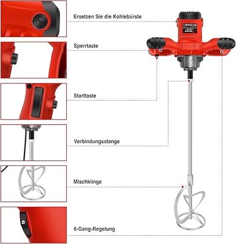 Agitatore, miscelatore per pittura e malta, 2600 W, mescolatore manuale per malta per calcestruzzo, trasmissione a 6 marce 0-1700 giri/min, filettatura M14, agitatore a onda, Ø 120 mm, malta per - Honorern