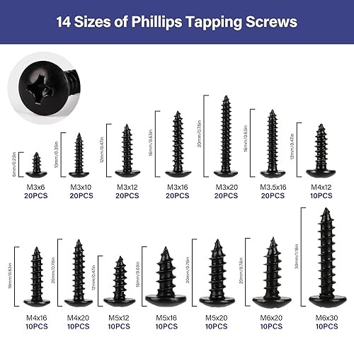 200 Pezzi Croce Viti Autofilettanti Set, M3 M3.5 M4 M5 M6 Nere Assortimento Viti Autofilettanti, Acciaio al Carbonio Viti Testa Piatta, Viti Miste per Cartongesso, Legno Mobili, Riparazione - Honorern