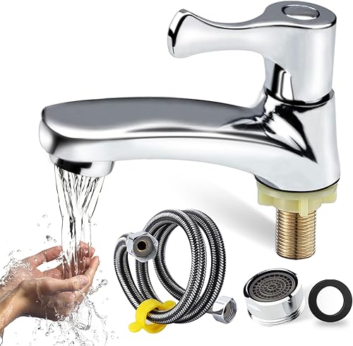 Plstod Rubinetto Acqua Fredda, Rubinetto Bagno Lavabo, Miscelatore Lavabo Bagno per Fredda, Monocomando Rubinetto Lavandino Bagno, Monoforo Rubinetti Bagno con Tubo Collegamento da 60 cm, Argento - Honorern