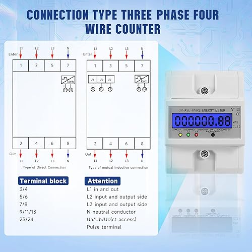Contatore Energia Elettrica, 380V/50Hz Trifase Contascatti Elettrico Contatore Elettrico Digitale Trifase a 4 Fili Misuratore Consumo Elettrico Digitale con Schermo LCD - Honorern