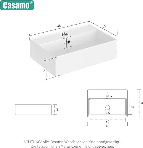 Lavabo in ceramica – Lavabo da appoggio – Lavabo da appoggio – Lavabo da bagno rettangolare – Lavabo per ospiti WC 65 x 31 x 13 cm - Honorern