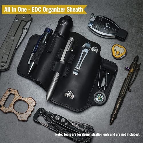 PJ35 Fodero multiutensile in pelle EDC con 3 tasche, fondina per attrezzi, coltello, fodero per cintura, guaina per torcia elettrica per multiutensili fodero per coltello - Honorern