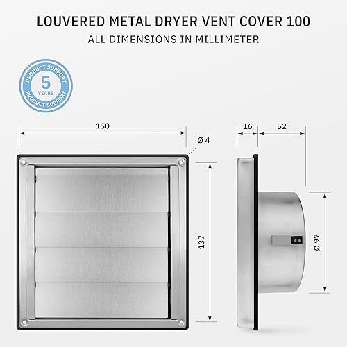 VKE 100mm - Flap di Gravità Griglia Areazione Acciaio Quadrata In Acciaio Inox con Lamelle Mobili - Resistente alle Intemperie e Durevole Griglia Ventilazione per Le Pareti - Honorern