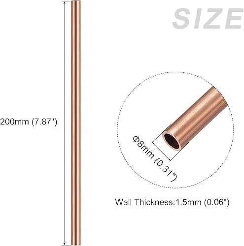 METALLIXITY Rame Tubo (8mm OD x 1.5mm Muro T x 200mm L) Tubo Dritto in Metallo Senza Cuciture - Tubo Tondo in Rame per Casa Arredamento, Macchine, Fai-da-Te Artigianato - Honorern