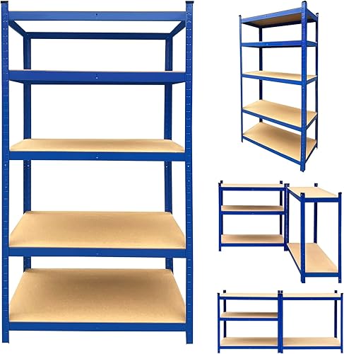 Scaffale in metallo blu, 170 x 75 x 30 cm (altezza x larghezza x profondità), unità a 5 strati, acciaio e MDF, componenti senza viti, scaffale per garage, ripiano regolabile, capacità totale 875 kg - Honorern