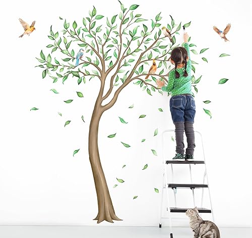 Adesivi Murali Grande Albero Cerde Adesivi da Parete Foglie Vibranti Uccelli Adesivo Muro Decorativo per Soggiorno Camera Letto Corridoio Divano TV Sfondo Muro (W146 * H166 cm) - Honorern