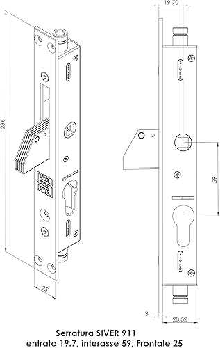 Serratura Entrata 19.7 SIVER 911 in Acciaio Zincato per Persiane, Inferriate da Montante Verticale - Honorern