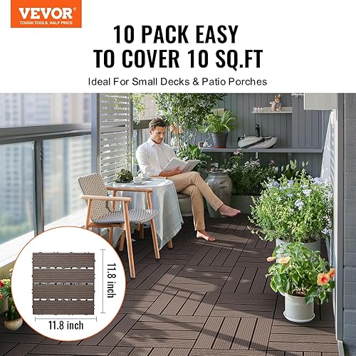 VEVOR Piastrelle per Terrazza ad Incastro in Legno Plastica 27 Pezzi 300 x 300 x 20 mm 25,4 m², Impermeabili per Esterni Tutte Stagioni, per Portico, Bordo Piscina, Balcone, Cortile, Marrone Scuro - Honorern