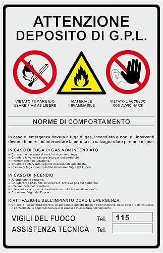 CARTELLO SEGNALETICO - ATTENZIONE DEPOSITO G.P.L - Con Adesivo in Vinile e Pannello in Forex (Pannello 5mm Stampato) - Honorern