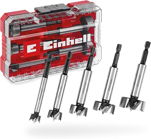 Set di punte Forstner originale Einhell M-CASE da 5 pezzi (in acciaio C65, gambo E 6,3, tagliente trasversale, punta di centraggio, forma della testa conica, tagliente chiuso su 4 lati) - Honorern