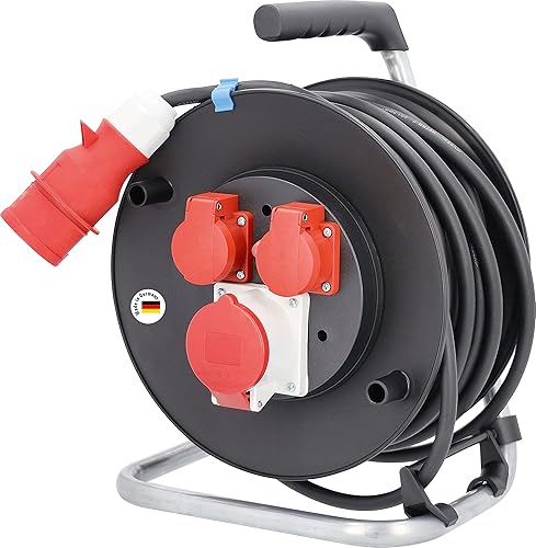 as - Schwabe CEE 10155 - Avvolgicavo 25 m, H07RN-F 5G1,5, 2 prese con contatto di protezione 230 V, 1 presa CEE a 5 poli, 400 V 16 A, coperchio ribaltabile, per esterni e cantieri, colore: Nero - Honorern