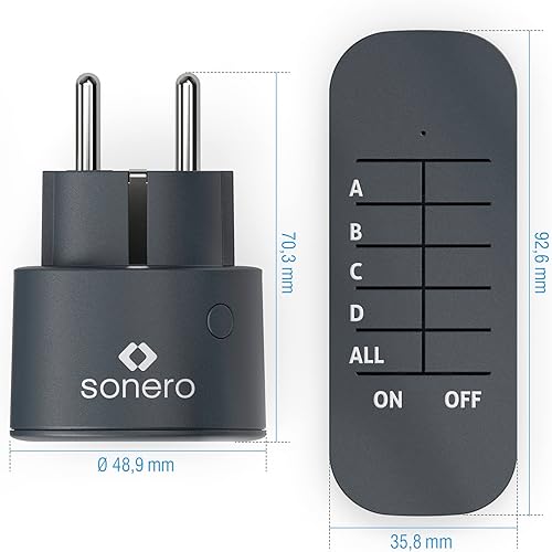 set di prese radio 2300 watt - 1x telecomando, 3x prese per uso interno, portata 30 m, antracite - Honorern