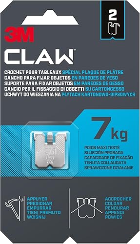 Command 3M Claw Gancio appendiquadri per cartongesso, 7 kg 3PH7-2WMR, 2 Ganci, Argento - Honorern