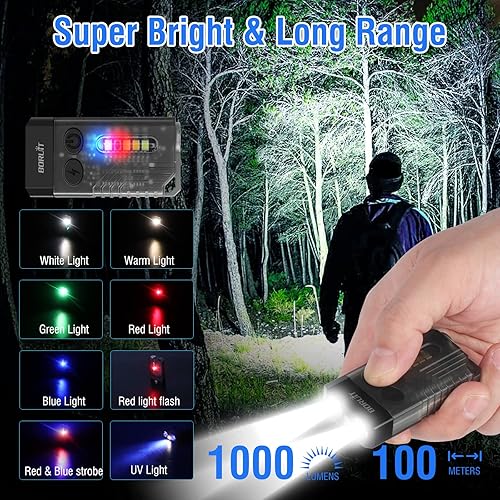 BORUIT V10 Torcia LED Ricaricabile 1000LM Mini Torce Portachiavi con 365 NM UV, Magnete, 14 Modalità IPX4 Impermeabile, USB C Portatile Flashlight - Honorern