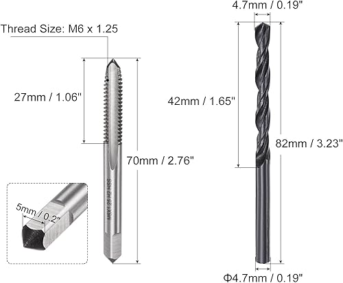 Set Maschio Punta Trapano Metrico, Maschio Filettatura M6 x 1.25 Punta Trapano Elicoidale 4.7mm Ossido Nero Maschio Flauto Dritto Maschiatura Filettatura Utensile di Riparazione. - Honorern