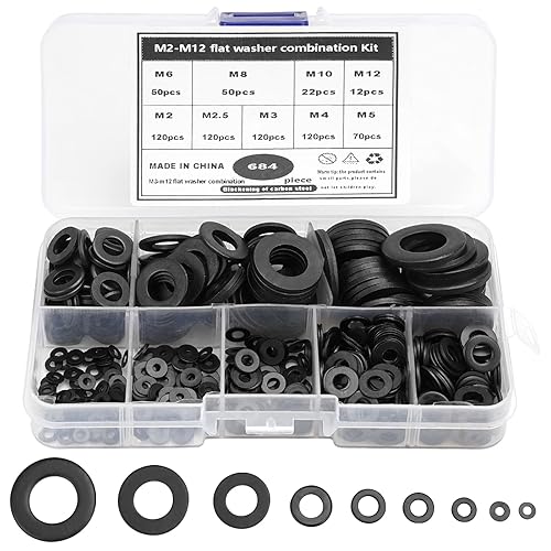 684 Pezzi Rondelle Piatte in Acciaio Carbonio, Kit Rondella M2 M2,5 M3 M4 M5 M6 M8 M10 M12, Rotonda Isolante Rondella con Scatola Plastica, Nero Piatto Rondelle per Bulloni, Viti, Fissaggi Industriali - Honorern