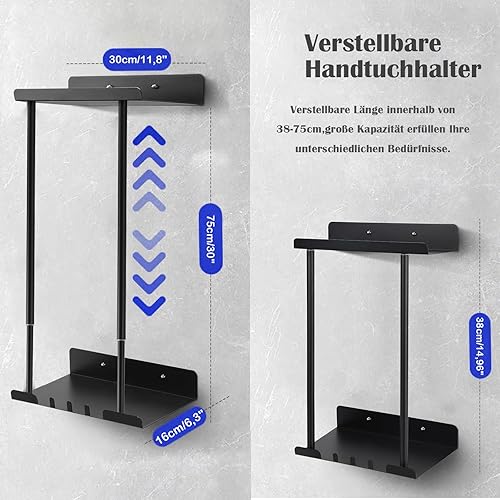 Asdsed Porta Asciugamani da Bagno, Autoadesivo Per Porta Salviette in Porta Asciugamano, Altezza Regolabile 38-75CM Bagno Portasciugamani (Nero) - Honorern