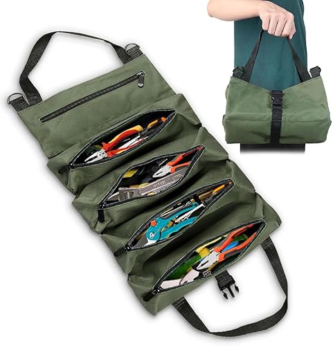 Borsa Porta Attrezzi in Tela, Borsa per Attrezzi Arrotolabile con 5 Tasche con Zip, Borsa Multiuso per Attrezzi, Tela Roll Up Bag Borsa Porta Attrezzi Lavoro Per Elettricista Idraulico (Verde) - Honorern
