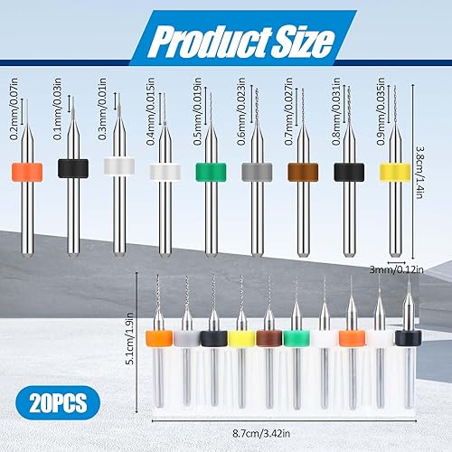 Molain Set di 20 micro punte per trapano, 0,3 mm – 1,2 mm, PCB Micro elicoidale in acciaio al tungsteno, mini punte per trapano PCB, per resina, vetro, gioielli, punzonatura, circuiti stampati (0,3 mm - Honorern