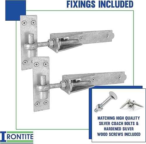 IRONTITE® Cerniere regolabili per cancelli in legno, resistenti, 250 mm, gancio e fascia per cancelli in legno, cerniere zincate a gancio e fascia con fissaggi inclusi. (zincate) - Honorern