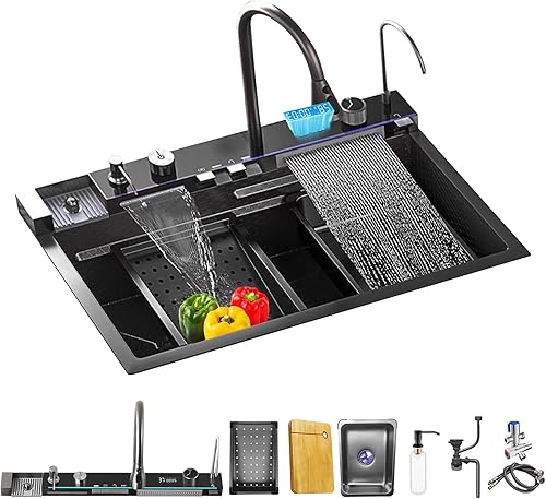 Lavello da Cucina A Una Vasca Acciaio Inox Lavello A Cascata Multifunzione Lavello della Postazione di Lavoro della Cucina con Tutto in uno Rubinetto Estraibile (80 * 46 * 22CM, Grigio scuro) - Honorern