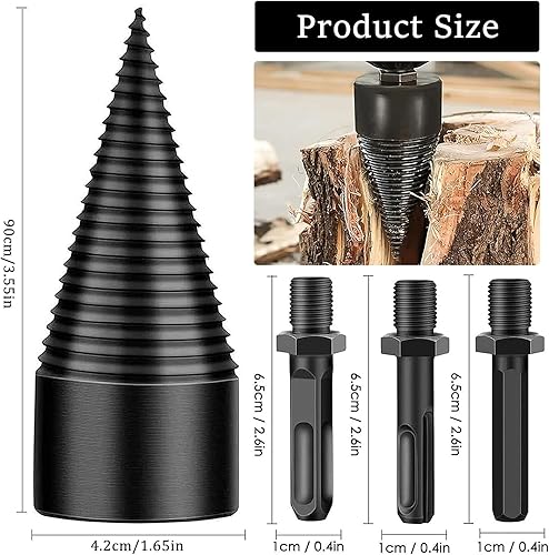 Begpoee 42mm Spaccalegna, Spaccalegna a Spirale, Spaccalegna Cono Di Legno, Spaccalegna a Vite Coni, Spaccalegna per Legno, Con 3 Manici per Trapano, Per Forare Il Legno(Nero) - Honorern