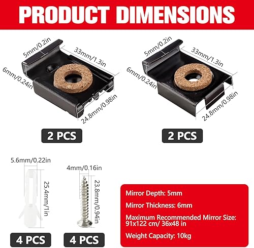 3 Set (12 Pezzi) Clip Specchio Set, Clip Specchio a Molla Gancio Specchio, Fissaggio a Parete in Vetro a Specchio Senza Cornice, con Tasselli e Viti, per il Montaggio di Specchi, Nero - Honorern