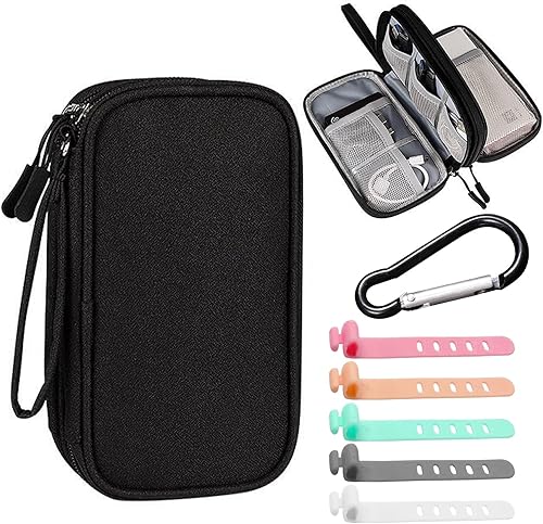 1 borsa per accessori a doppio strato, 6 fascette per cavi, 1 moschettone, borsa per il trasporto con doppia cerniera, mini borsa da viaggio, custodia per archiviazione digitale (nera) - Honorern