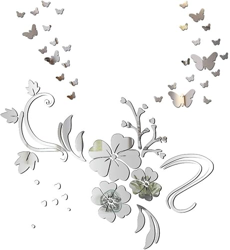Specchio Adesivo da Parete Fiore 30pz Farfalle Decorativo Decorazione per Casa Camera Salotto Bagno Muro Porta Armadio - Honorern