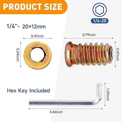 50 Pezzi Bussole Filettate M8 x 20mm,Inserto Filettato Dadi con Inserti Filettati per Mobili in Legno con 1 Chiavi Esagonali - Honorern