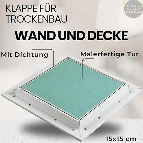 Botola d'Ispezione 150 x 150 mm senza spatole - Sportello d'ispezione 15 x 15 cm | pronto per la pittura | in cartongesso da 12,5 mm | con telaio in alluminio | adatto per ambienti umidi | verde - Honorern