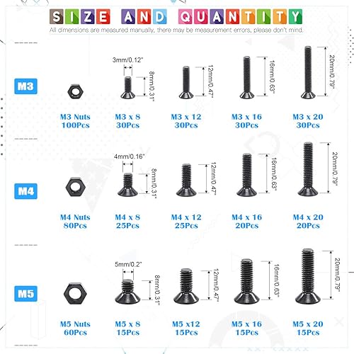 510PCS metrica m3 M4 M5 in lega di acciaio socket Cap viti a testa esagonale dadi assortimento kit – Finitura ossido nero - Honorern