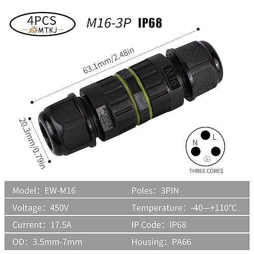 4 Pezzi Scatola di Giunzione Impermeabile IP68, Connettore Stagno Manicotto di Collegamento Scatola di Collegamento a 3 Poli per diametro del cavo di 3.5-10 mm - Honorern