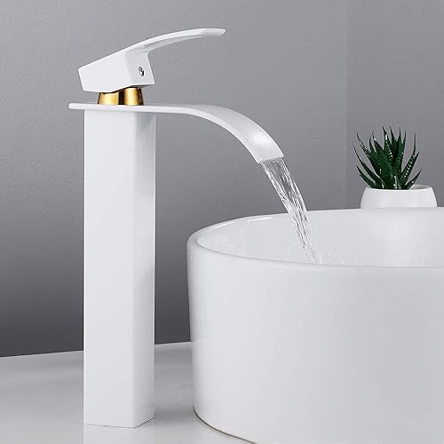Rubinetto Bagno Lavabo Cascata Alto MIscelatore Bagno Alto a Cascata con Acqua Calda e Fredda in Ottone (BIANCO ORO) - Honorern