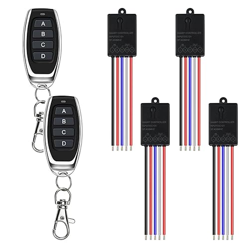 Interruttore di Telecomando Senza Fili 12V, Impermeabile Interruttore con Radiocomando Senza Fili DC 5V 12V 24V 10A 4 Canali Relè Ricevitore con 2 Trasmettitore per Porta da Garage, Lampada, Motore - Honorern