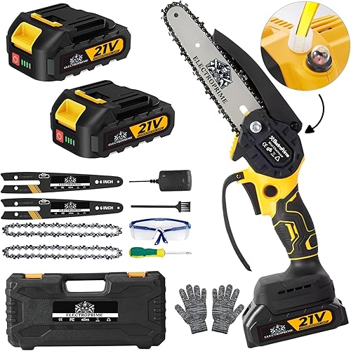 Mini Motosega a Batteria | 6000mAh 21V 2 Batterie | 6 Pollici 880W | Lubrificazione Automatica | Include 11 Accessori | Motosega Elettrica Portatile a Mano | Con Blocco di Sicurezza - Honorern