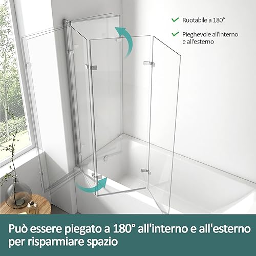 EMKE Parete vasca da bagno pieghevole 130 x 140 cm, 3 pannelli girevoli, vetro vasca da bagno in vetro di sicurezza da 6 mm, oscillazione di 180°, Telaio cromato stile industriale, nano-rivestito - Honorern