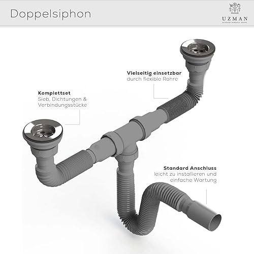 Ø80 - Sifone doppio per lavello, flessibile, con tubo flessibile, doppio connettore, diametro di scarico Ø 40 mm - Honorern