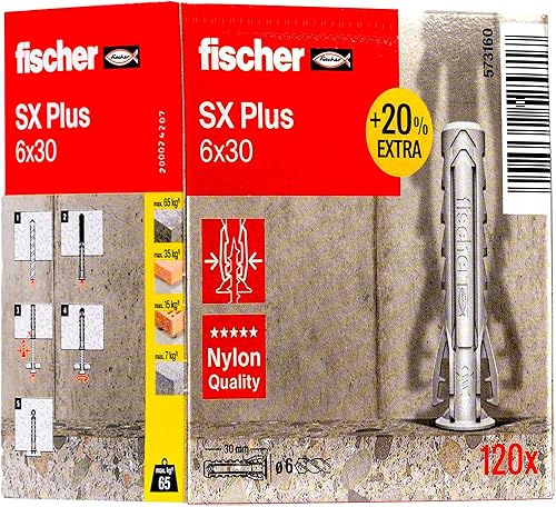 fischer Tassello in Nylon multimateriale SX Plus 6 x 30 + 20% di Contenuto aggiuntivo Gratuito/Confezione da 120, Taglia Unica - Honorern