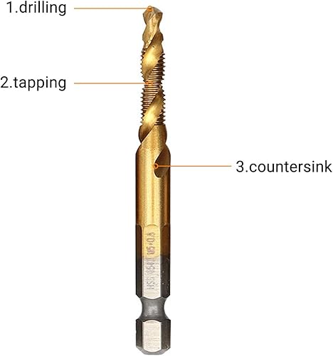 Punte Trapano Maschi Countersink Tap, HSS M3 M4 M5 M6 M8 M10 Tap Drill Bits Maschi per Filettare Titanio Rivestito Punte Maschiatura Perforazione Titanio Tap Trapano (6 Pezzi) - Honorern