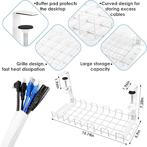 Cable Management, Porta Cavi Scrivania Nascondi Cavi, Vassoio per la Gestione dei Cavi Senza Bisogno di Forare, Scatola Porta Cavi per Ufficio e Casa Scrivania, Bianco - Honorern