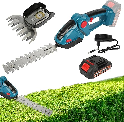 Tagliasiepi Elettrico 2 in 1, Forbici Tagliaerba e Disposizione, Tagliasiepi Batteria 24V 2000mAh Caricabatterie Utensili da Giardino, Forbici da Potatura, Forbici da Prato (giallo, 1-batteria) - Honorern