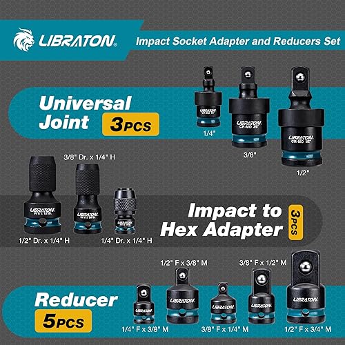 LIBRATON 11 Adattatore per Bussole a Impatto, Bussole di Riduzione, Snodo per Chiavi a Bussola, Convertitori da Impatto a 1/4' Esagono, Adattatori per Chiavi a Impatto per Riparazioni, Scatola - Honorern