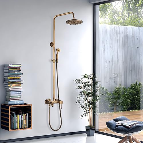 Set doccia completo in stile retrò, con rubinetteria e doccetta, in ottone anticato - Honorern