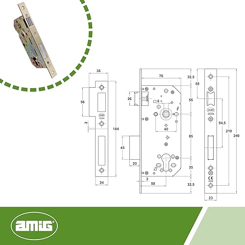 Amig - Serratura da incasso per porte in legno | Con frontale e supporto a bordo quadrato | Entrata 50 mm | Serratura reversibile | Acciaio | Dorato | 240 mm - Honorern