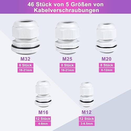 46 Pezzi Passacavo Impermeabile IP68, Connettori Pressacavi M12 M16 M20 M25 M32 con Cavo Flessibile Regolabile, Nylon Pressacavi Elettrici con Guarnizioni per Esterno Giardino Fissaggio Cavo - Honorern