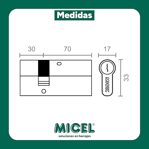 MICEL - 13092 - Cilindro di sicurezza, profilo europeo, con camma lunga, decentrato 30 x 70, con chiavi, finitura in nichel, colore: argento, 100 x 17 x 33 mm - Honorern